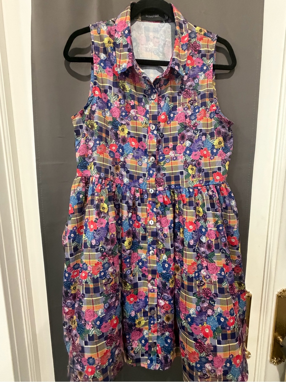 MINKPINK Women’s Size L Floral Plaid Sleeveless Button Front Fit & Flare Dress
